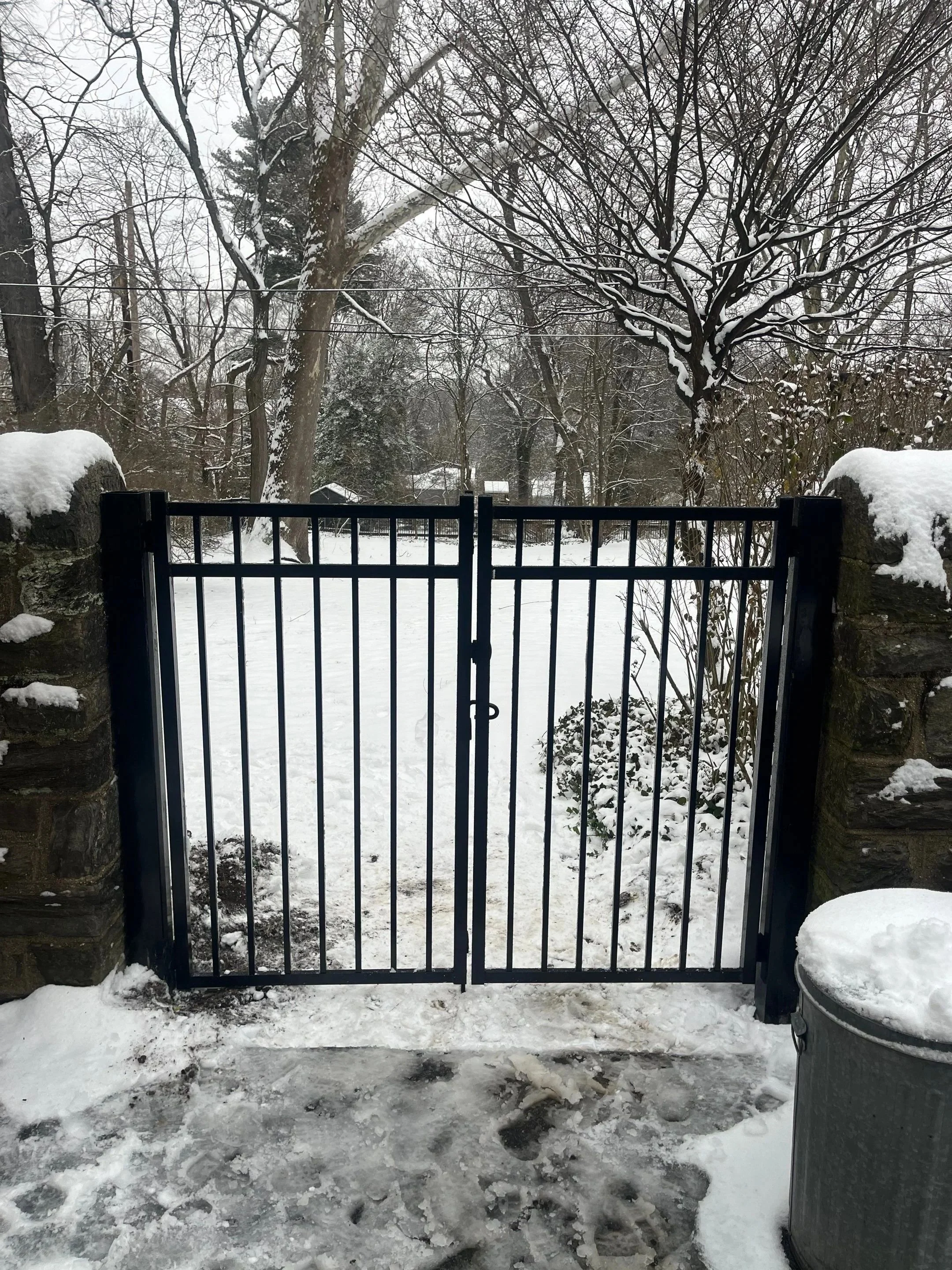 Black metal gate with stone pillars on each side, snow-covered ground and trees in the background, and overcast sky.