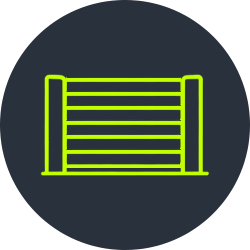An illustration of a neon green garage door with horizontal slats on a dark background.