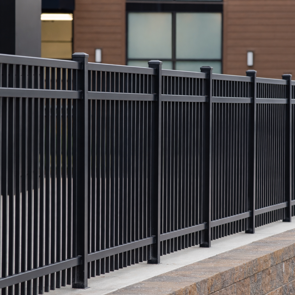 Black metal fence along a sidewalk with a modern building in the background.