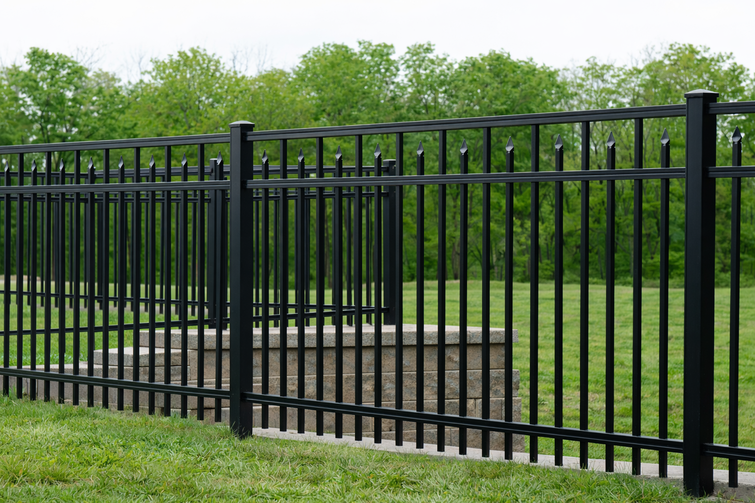 Black metal fence with pointed tips, surrounding a grassy area with green trees in the background.