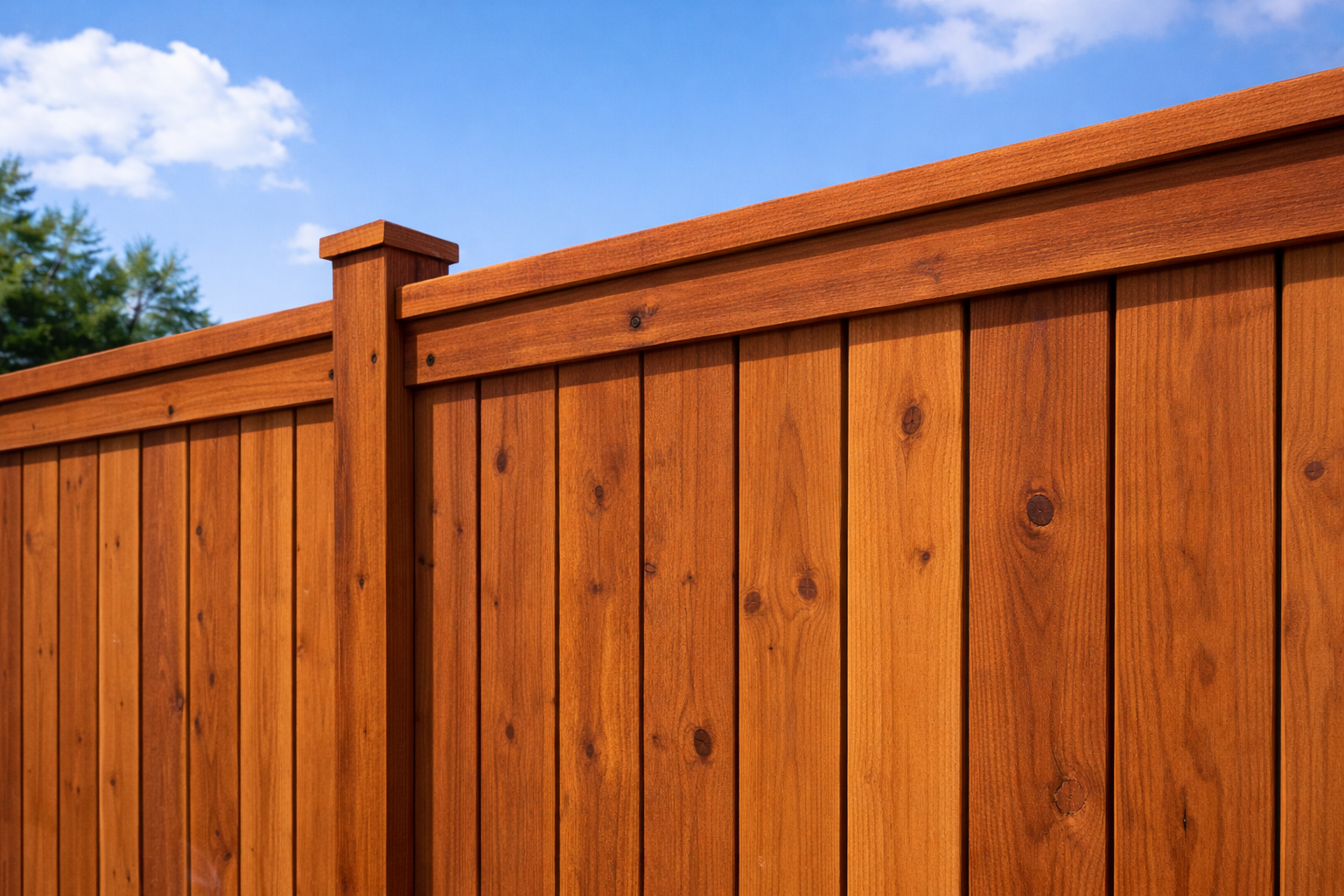 Close-up of a wooden fence with a blue sky and some clouds in the background.