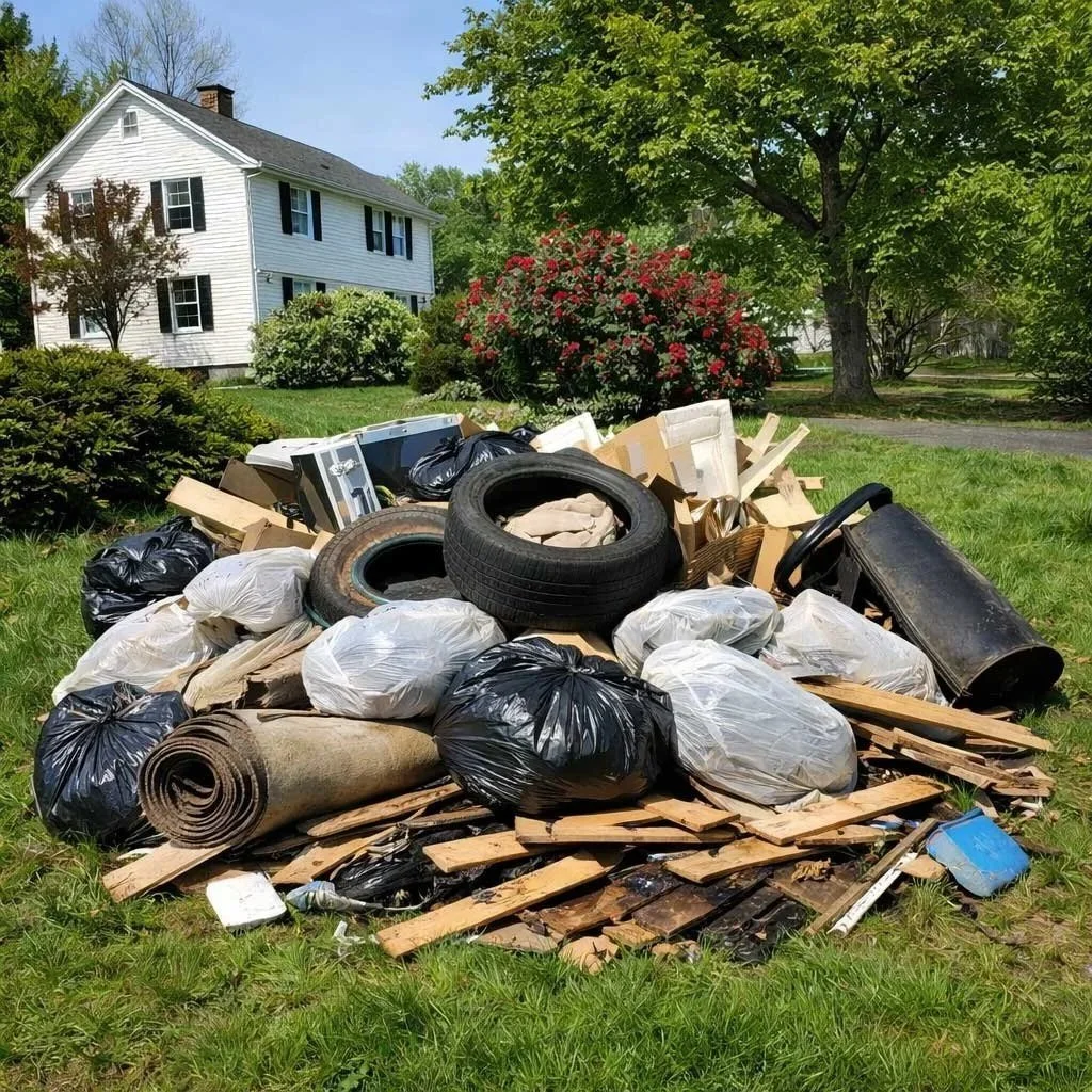 Pile of garbage including trash bags, tires, cardboard, wood planks, and discarded household items on a lawn with houses and trees in the background.