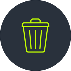 Outline of a trash can icon in neon green on a dark background.