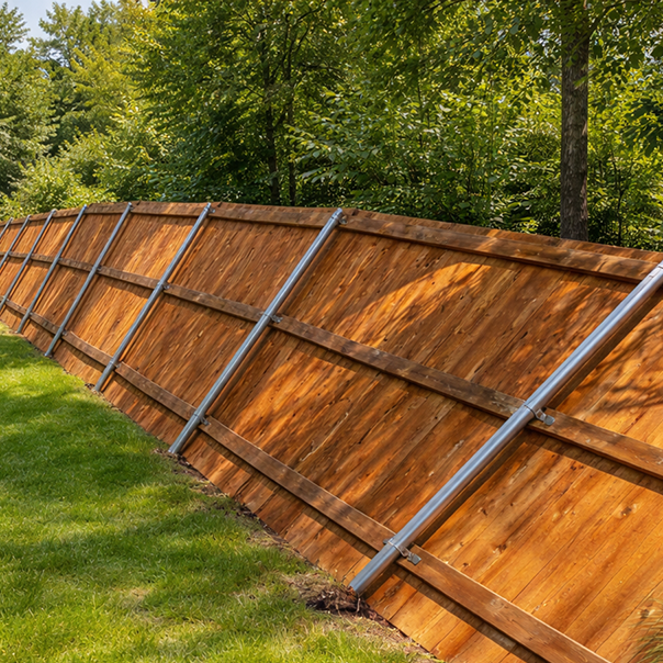 A wooden privacy fence with metal support beams stands diagonally across a grassy yard, with green trees in the background.