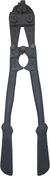 A pair of bolt cutters with black handles and a black metal cutting head.