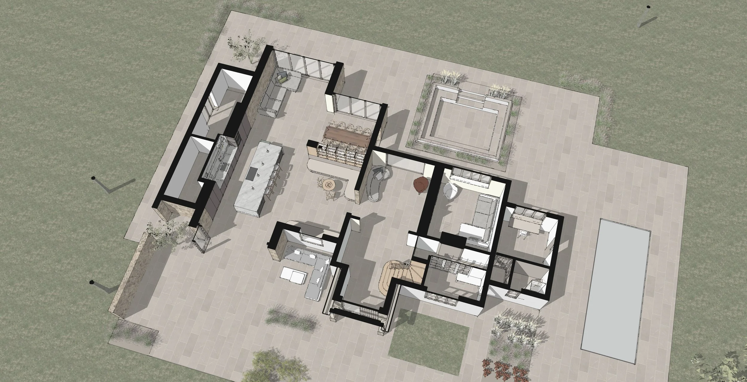 Top-down view of a modern house floor plan with outdoor paved areas, a swimming pool, garden, and interior rooms including kitchen, dining area, living room, and bedrooms.