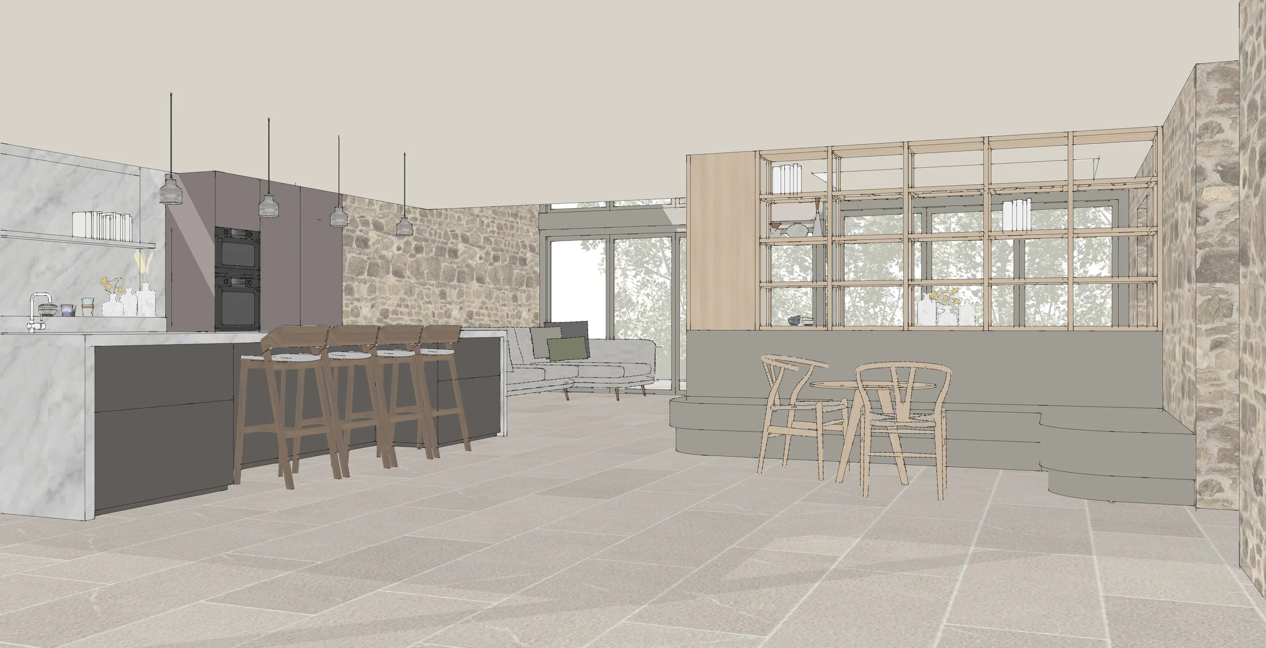 Interior view of a modern living space with an open kitchen, bar stools, sofa, and a wooden shelving unit, featuring stone and neutral-colored walls and tiled flooring.