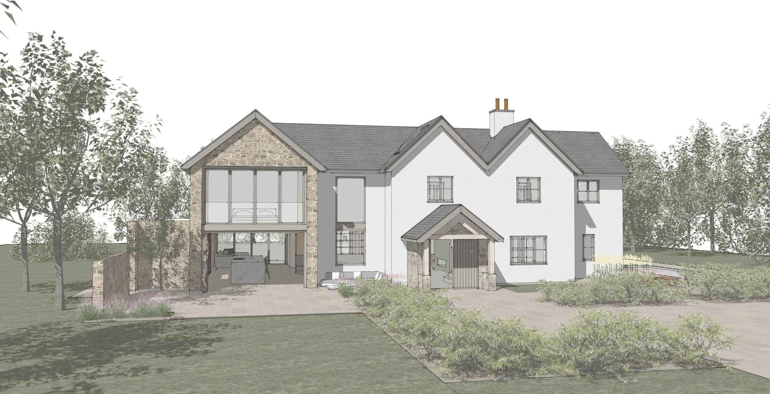 A large modern two-story house with white walls, stone accents, multiple gabled roofs, and a front yard with bushes and trees.