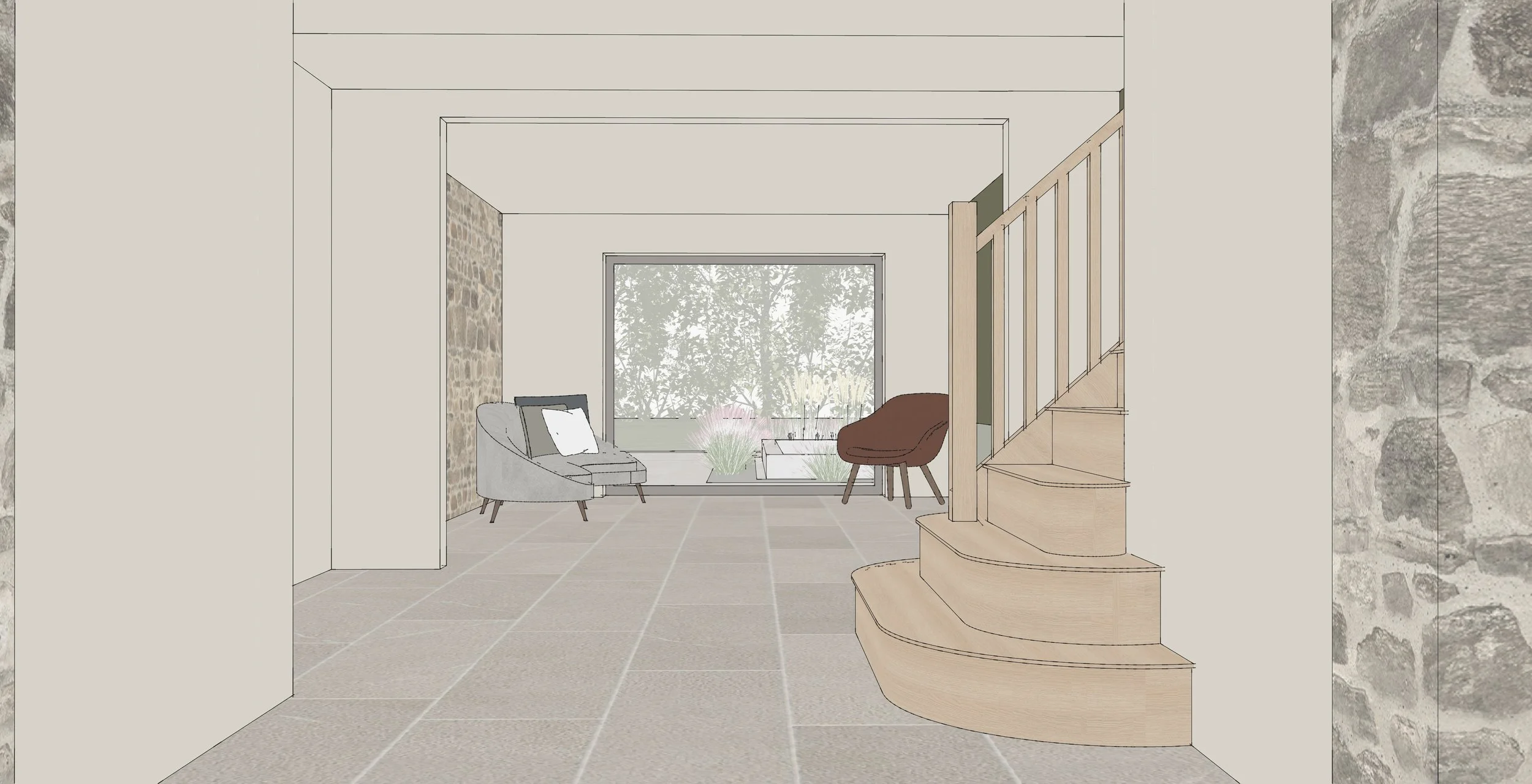 Interior view of a living room with a staircase on the right, a large window at the far end, and sitting furniture including two chairs and some plants outside visible through the window.