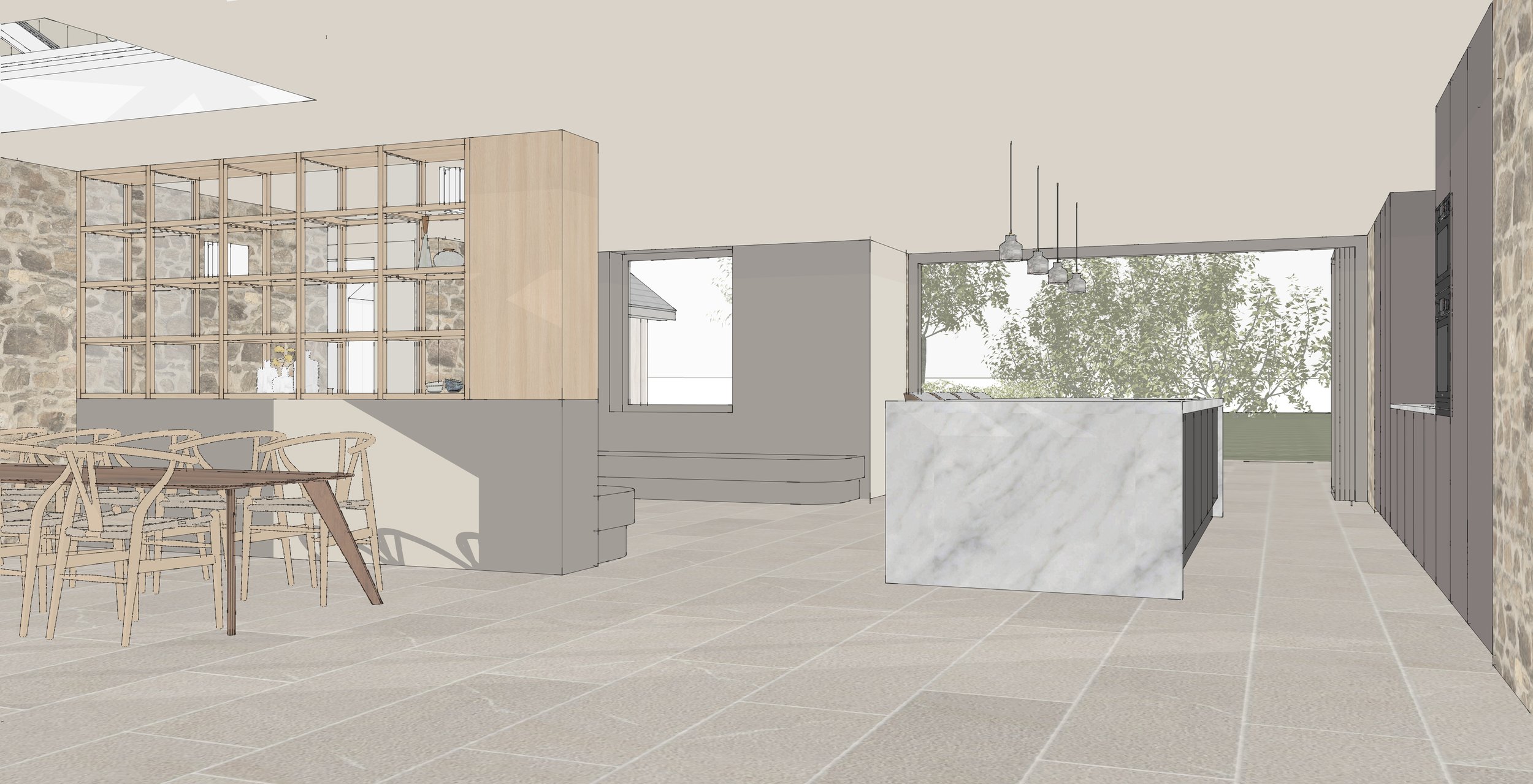 Interior of a modern home with a dining area, a kitchen island, and large windows showing trees outside. Light-colored tile flooring, stone accents, and minimalist design elements.