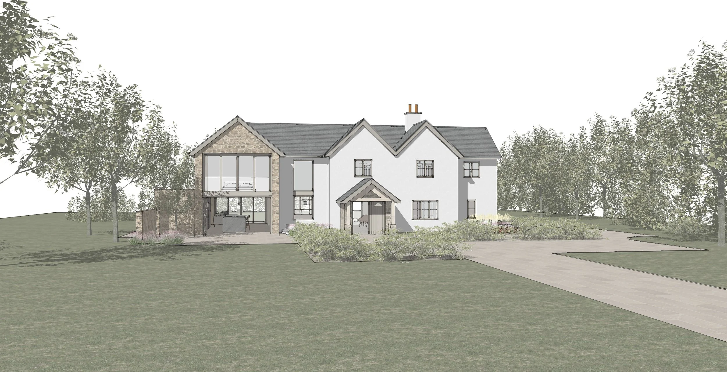 Digital rendering of a house with a front yard, trees, and a driveway leading to the house entrance.