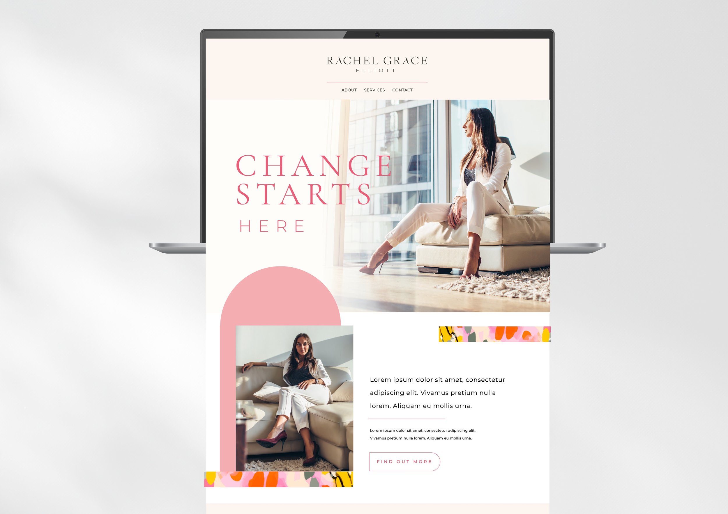 A laptop displaying a website homepage for Rachel Grace Elliott, featuring a woman in white sitting on a couch with sunlight streaming through a window. Website Design by Hubble.