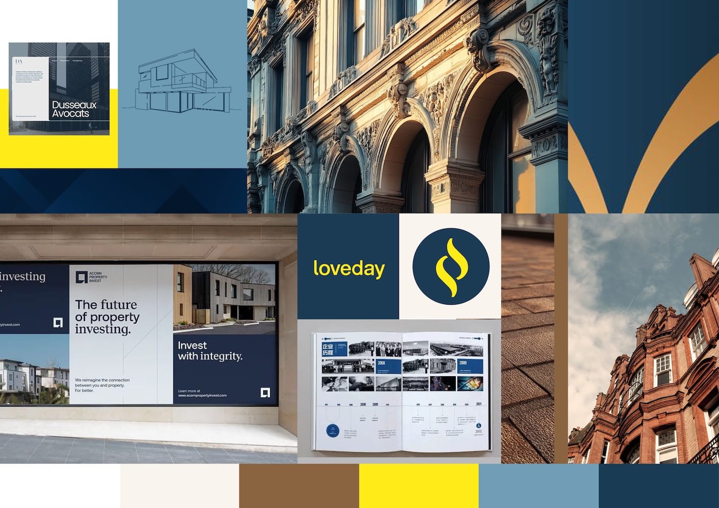 Moodboard showcasing architecture and real estate, including classical and modern buildings, property development advertisements, and a brochure with a timeline of property projects. Design by Hubble - real estate marketing material.
