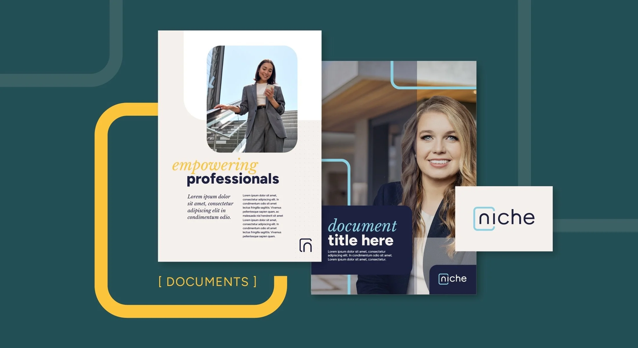 Collage of professional documents and photos of smiling women in business attire, with text emphasizing empowering professionals and document titles. Consultant design by Hubble.