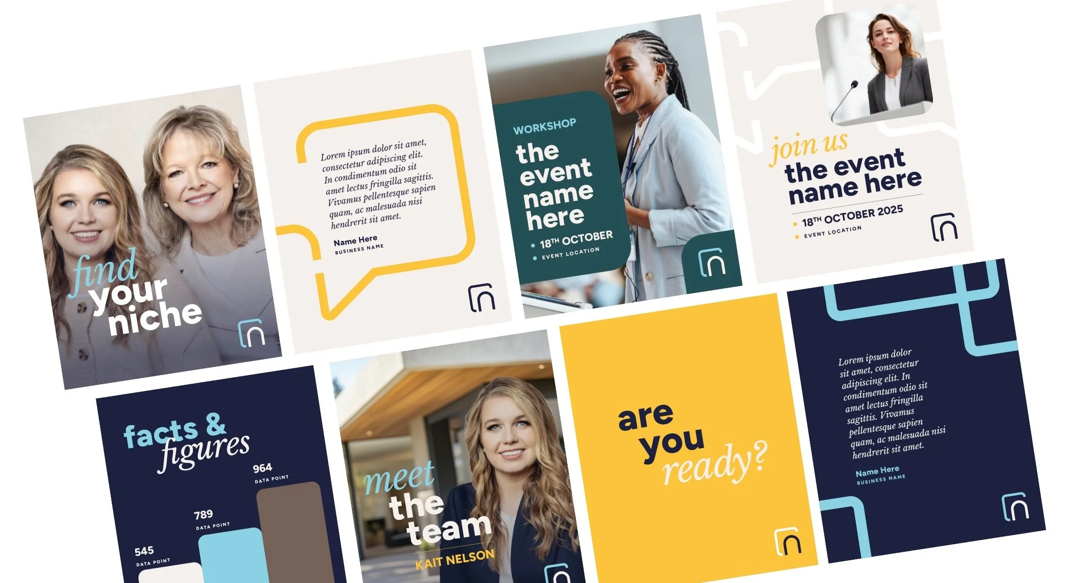 Collection of colorful flyers and posters promoting an event, featuring images of smiling women, and text with phrases like "find your niche,". Niche Consultant branding and design by Hubble.
