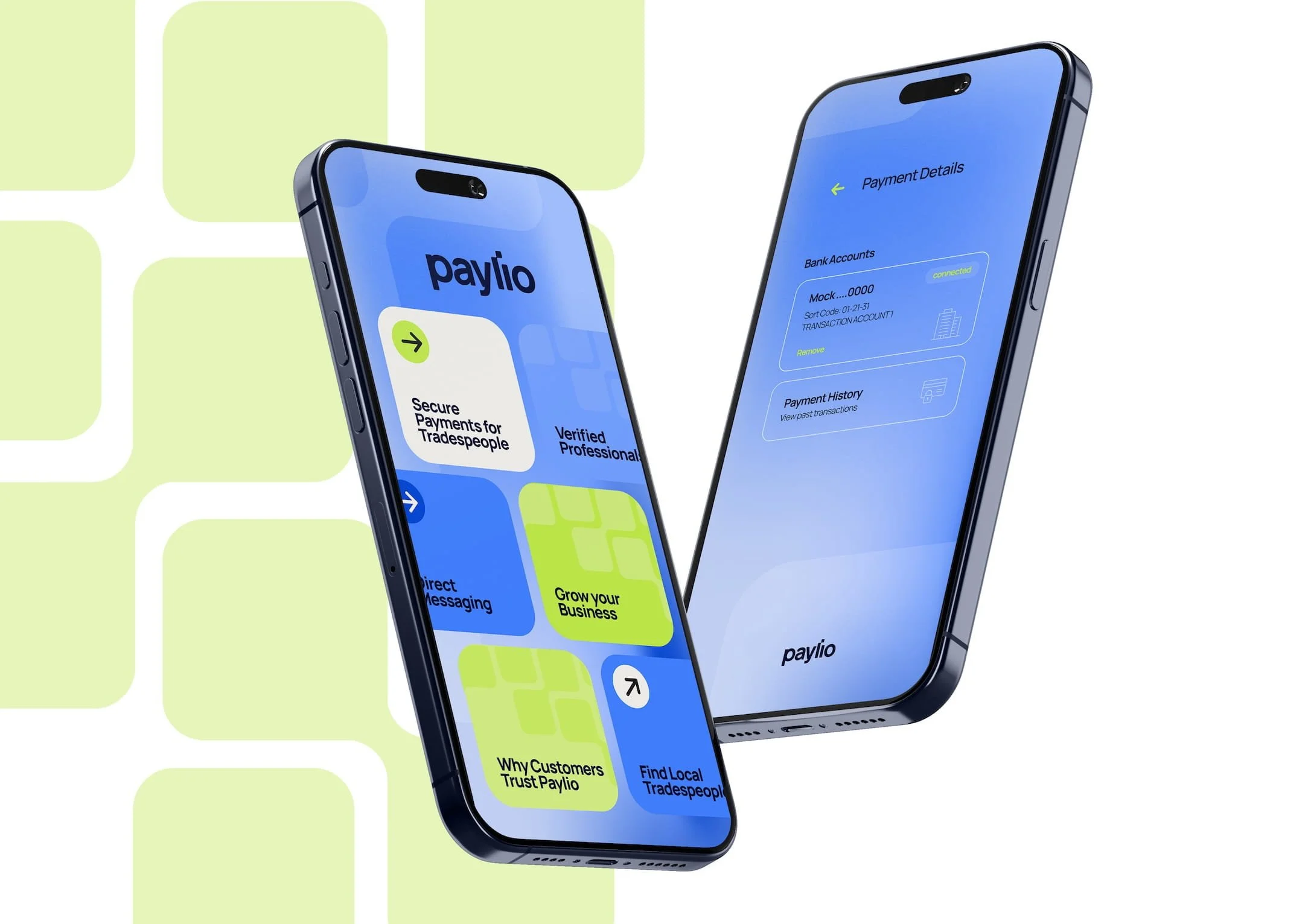 Two smartphones displaying the Paylio app interface, with options related to business payments and tradepeople, set against a light green background with abstract shapes. Design by Hubble.