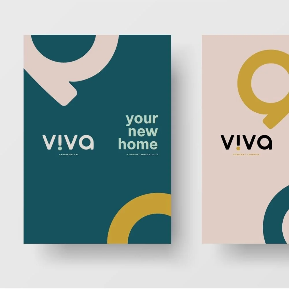 Two colorful promotional brochures for VIVA, a student housing community. Branding and design by Hubble.