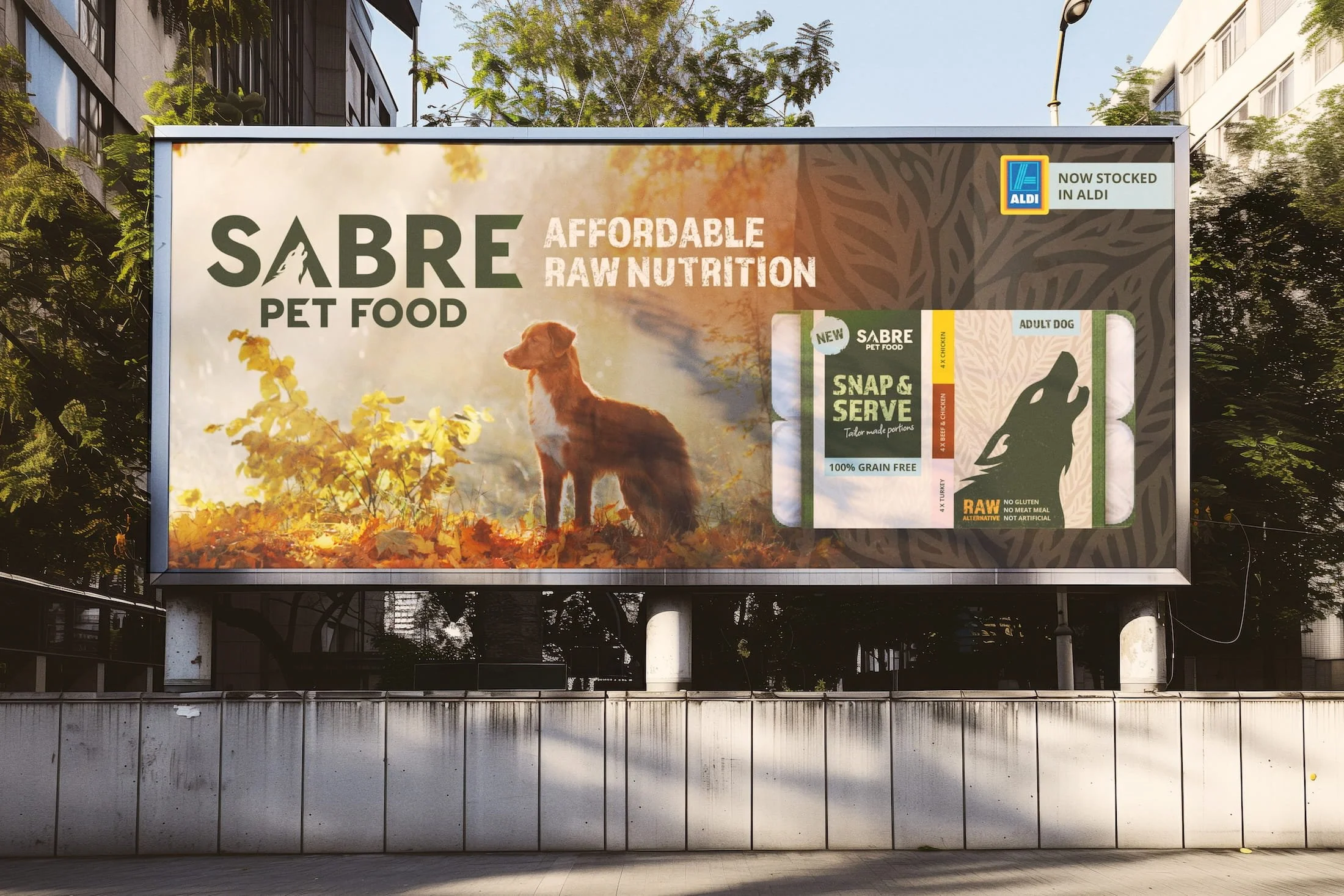Billboard advertising Sabre pet food with a picture of a dog in an outdoor setting, and text highlighting its features like affordable, raw nutrition, being gluten-free and now stocked in ALDI. Designed by Hubble.
