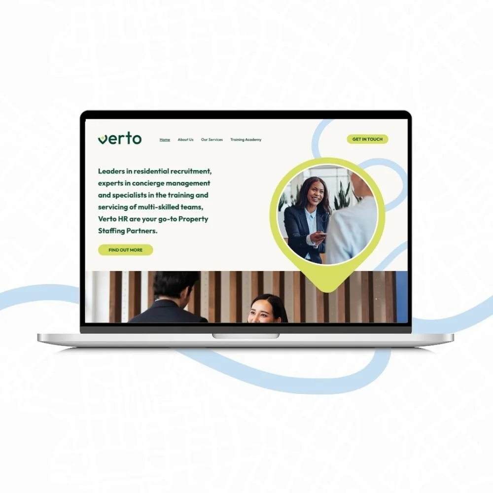 Laptop displaying Verto website with a woman smiling and handing a business card to a man, and a woman in the background. The website promotes recruitment, concierge management, and training services. Branding and design by Hubble.