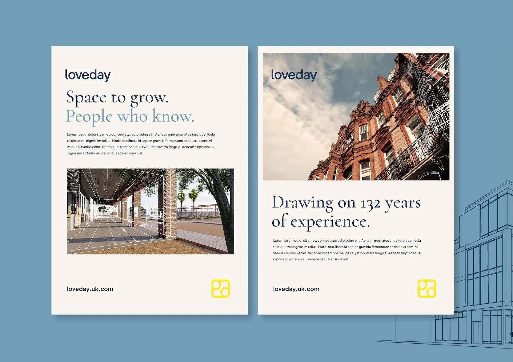 Two flyers from loveday. The left flyer has a headline 'Space to grow'. The right flyer has a headline 'Drawing on 132 years of experience.' with an image of an old brick building with a clear sky. Design by Hubble - real estate marketing material.