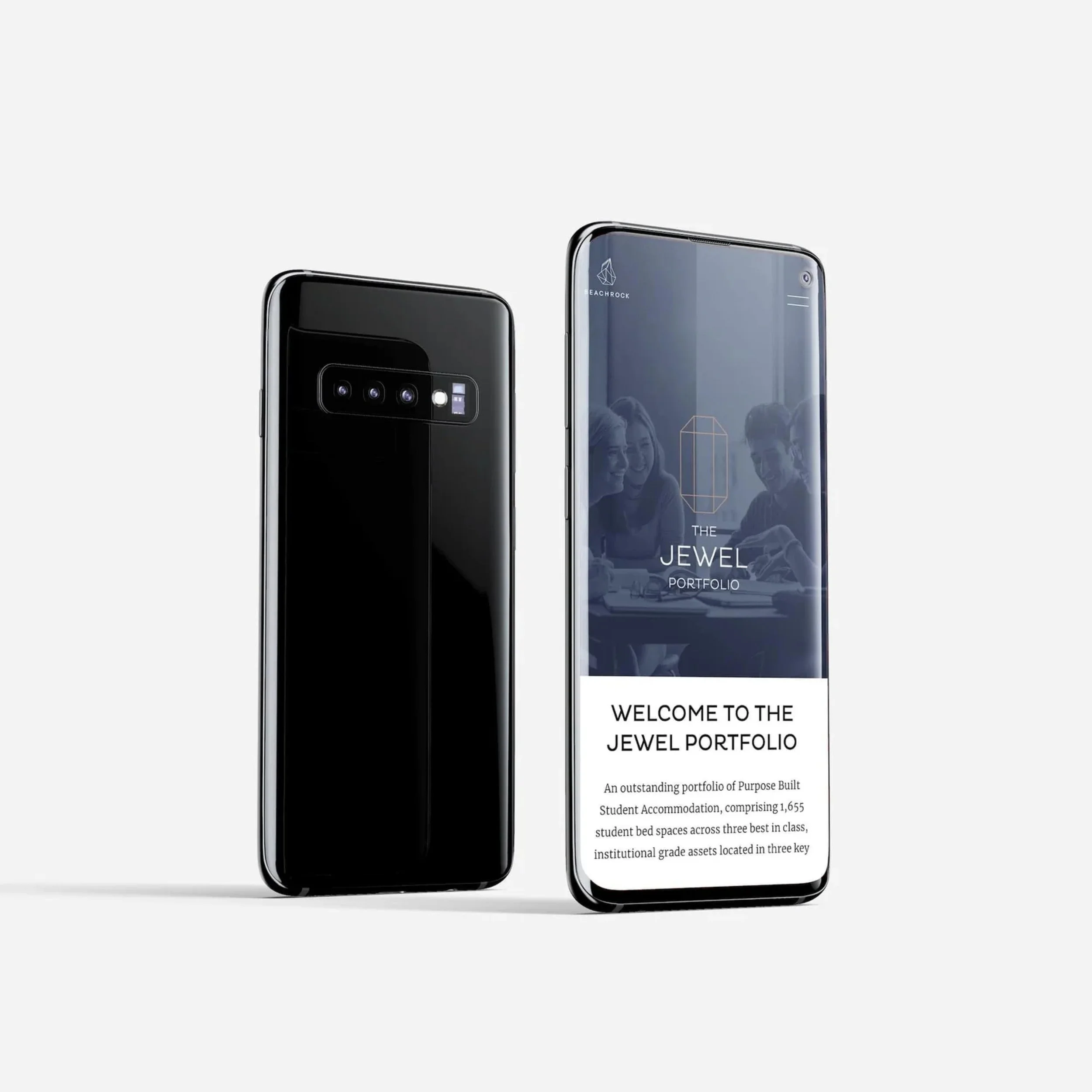 Two smartphones, one black and one silver, displaying a jeweler's portfolio app on their screens. The app's interface shows a welcoming message and information about student accommodations and key assets. Real estate branding and design by Hubble.
