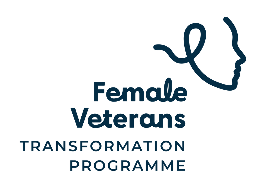 Logo for the Female Veterans Transformation Programme featuring a stylized female profile outline and bold text. Branding and Design by Hubble.