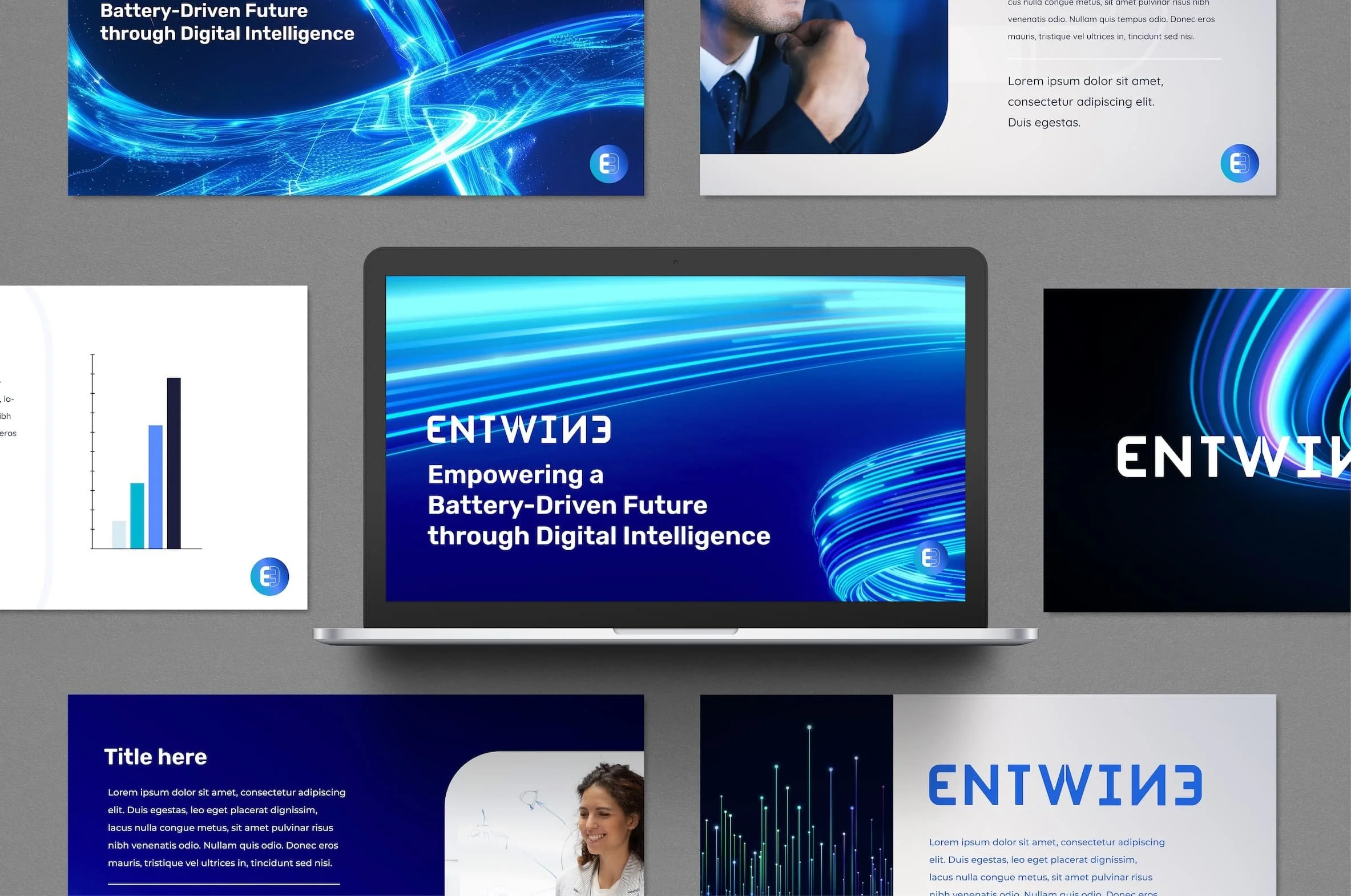 Various digital screens, including a laptop and posters, display futuristic blue and white graphics with technology-themed designs and text related to digital intelligence and energy. Design by Hubble.