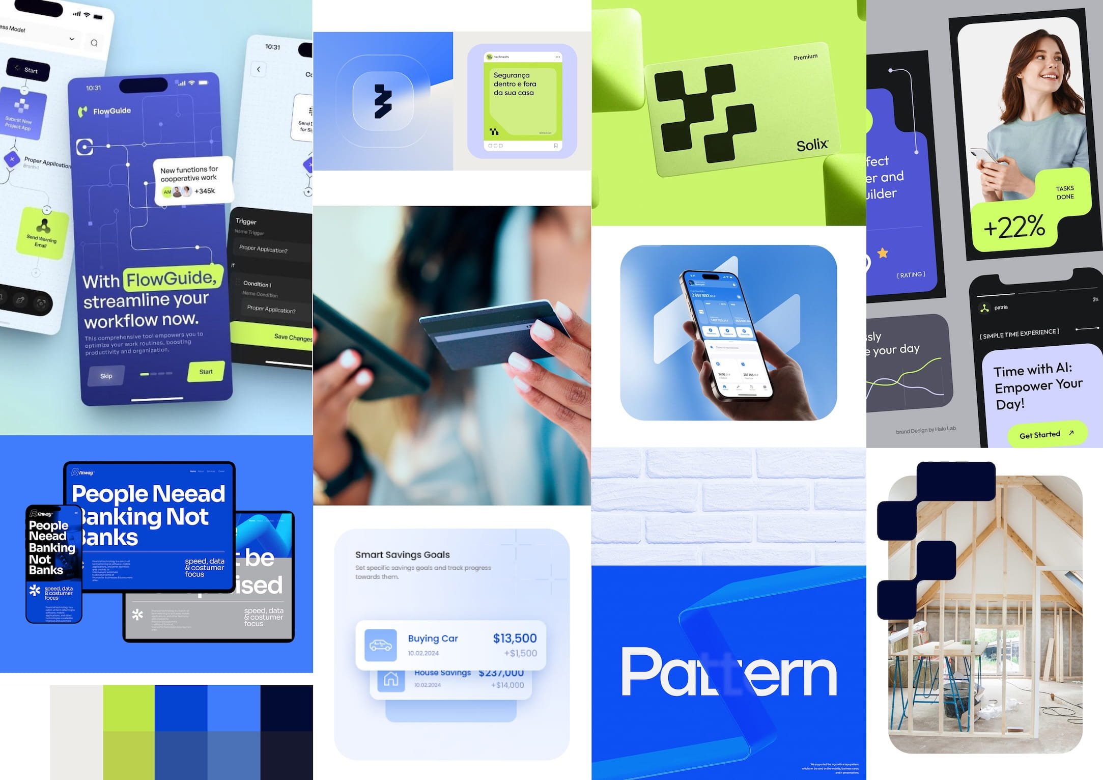 Moodboard of interfaces and smartphone screens showcasing different digital tools, financial management, productivity, and home improvement themes with a colour theme. Design by Hubble.