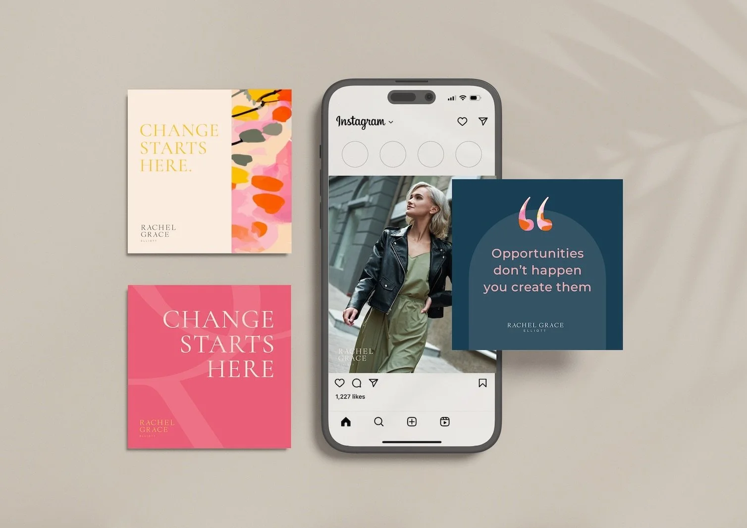 A smartphone displaying an Instagram post of a woman in a green dress and leather jacket walking on a city street. Surrounding the phone are four motivational cards. Coaching branding & design by Hubble.