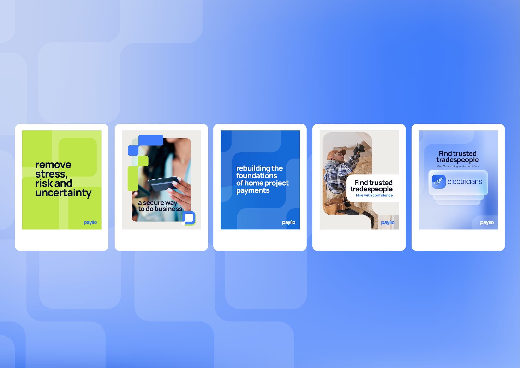 A digital display with multiple cards showcasing various services such as removing stress and risk, rebuilding the foundations of home payments, finding trusted tradespeople, and engaging electricians, with a blue background. Design by Hubble.