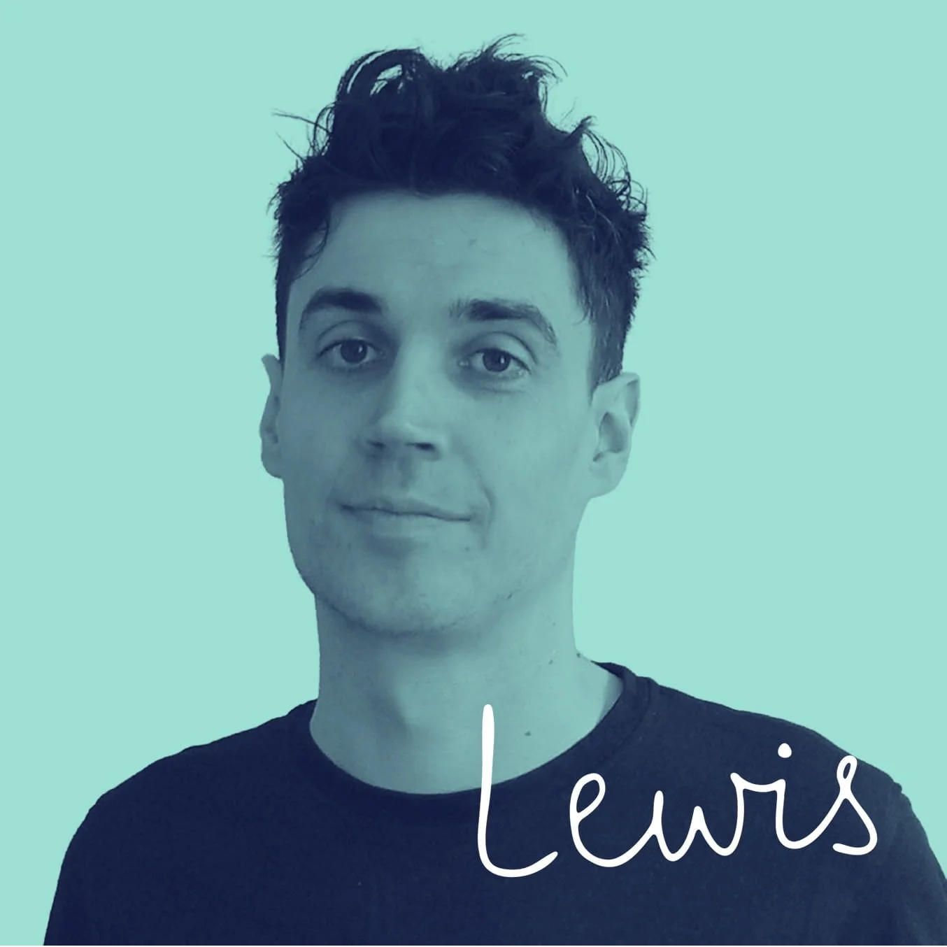 Lewis - senior web developer. He has dark hair wearing a black T-shirt standing in front of a light blue circular background, with a pink banner reading 'senior web developer' at the bottom.