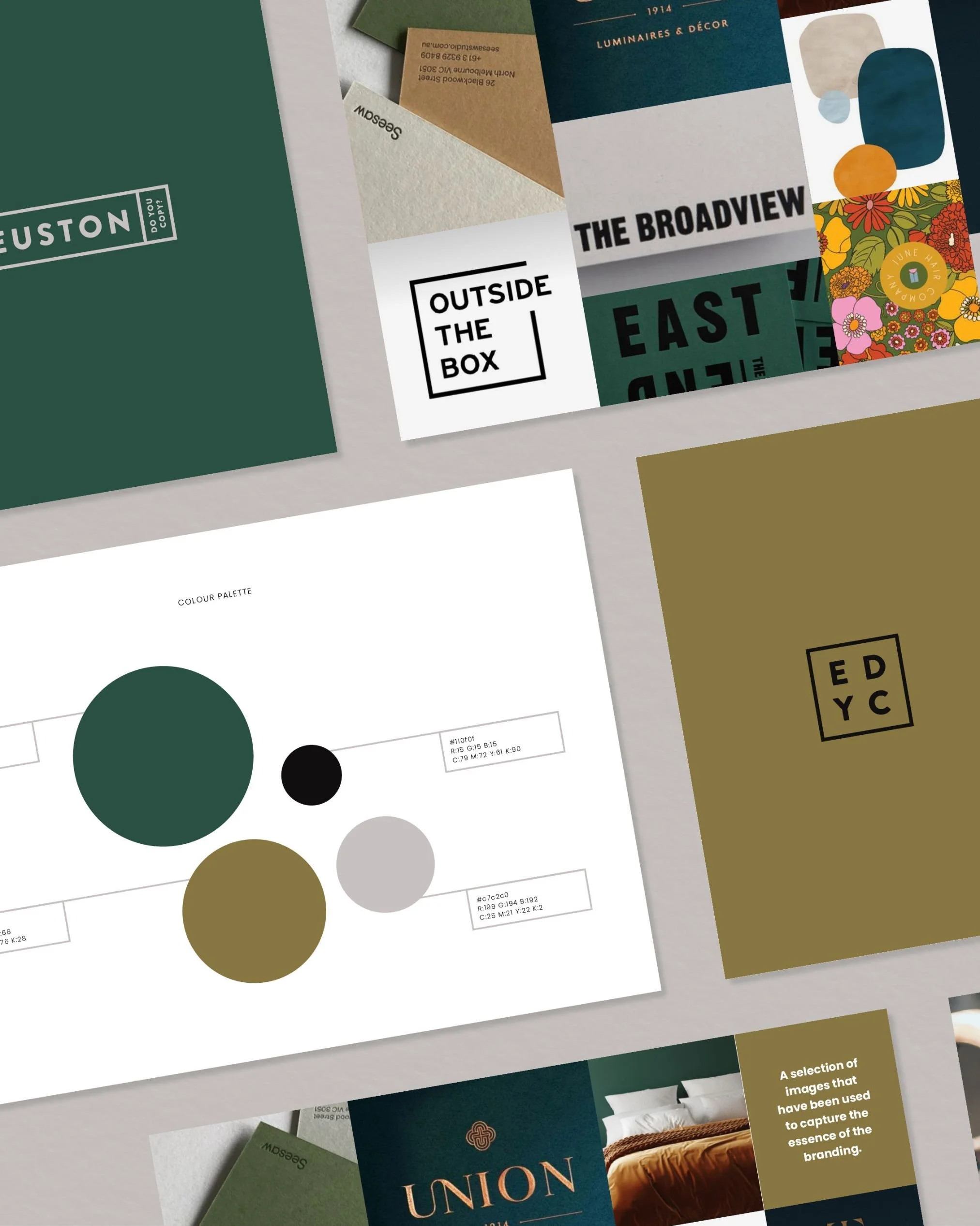 A collection of design and branding materials for a consultant business, including colour palettes, logo designs, stationery, and packaging designs with various colors and patterns. Design by Hubble.