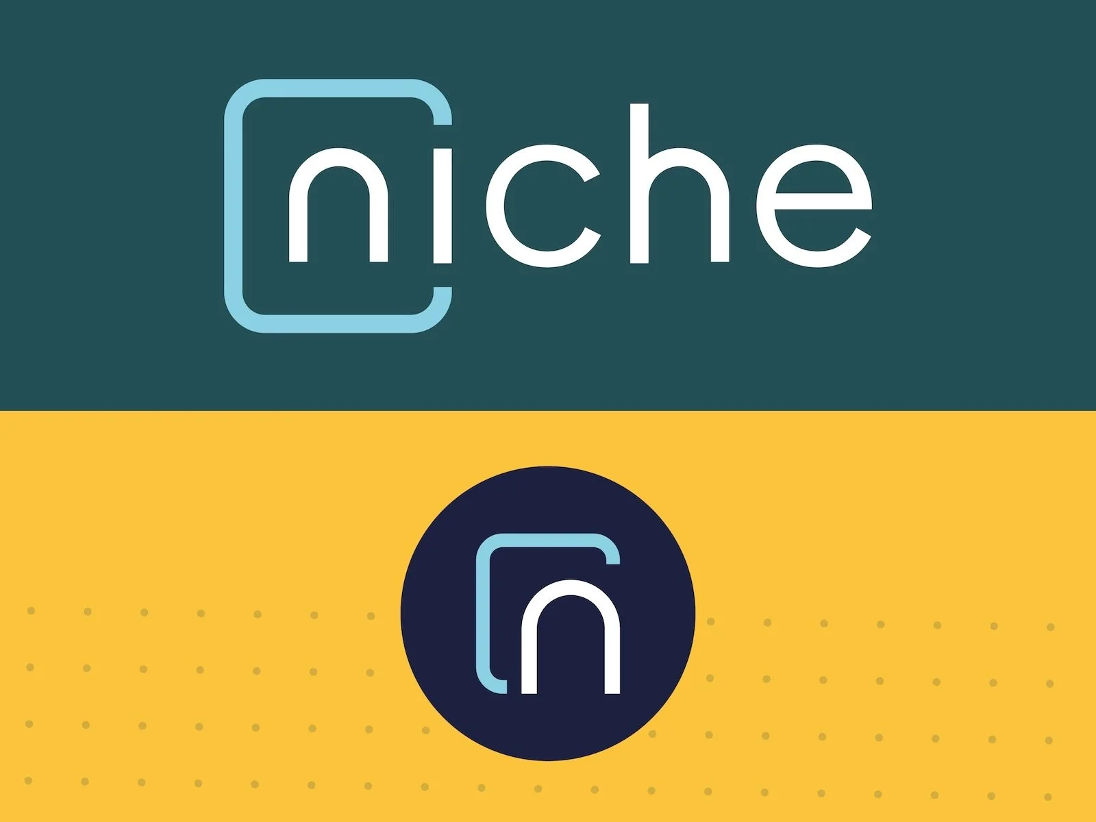 Logo with the word 'niche' at the top in white text inside a light blue outline square, with a yellow background below featuring a dark circle with a white and light blue logo of a stylised 'n' in the centre. Design by Hubble.