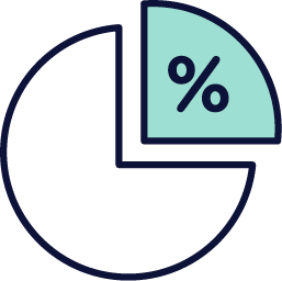 Pie chart with a section labeled '%' highlighted in light blue. Design by Hubble, representing results.