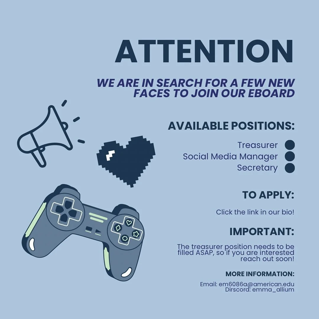 hi gamers💟

I hope everyone is having a great summer. We have a few vacant eboard positions to fill! We are in immediate need of a treasurer but are also looking for a secretary and social media director. 

If anyone is interested in event planning 