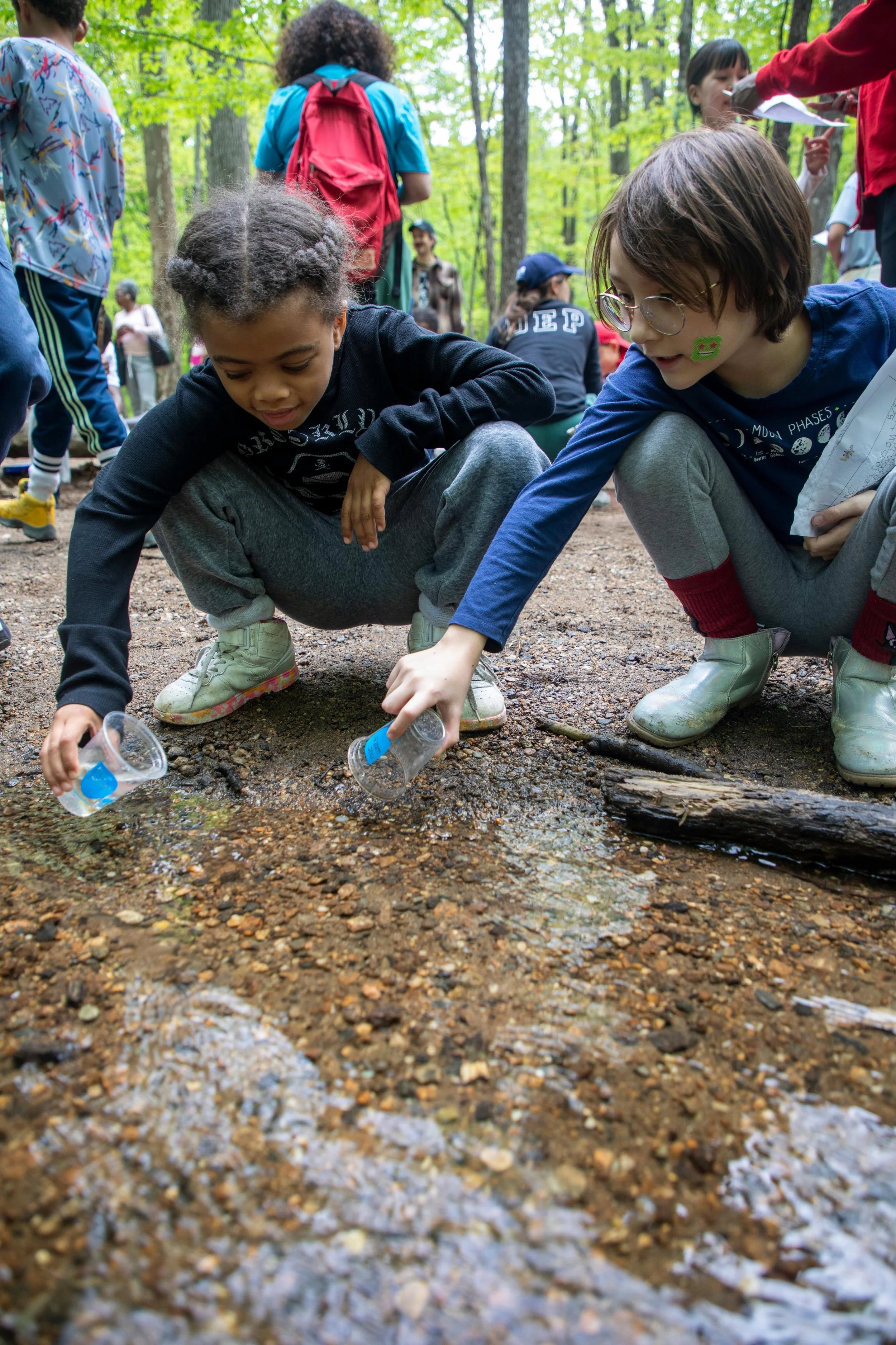 Two young children crouch on a forest trail, pouring water from plastic cups into a small stream, while other children and adults gather in the background among tall trees.