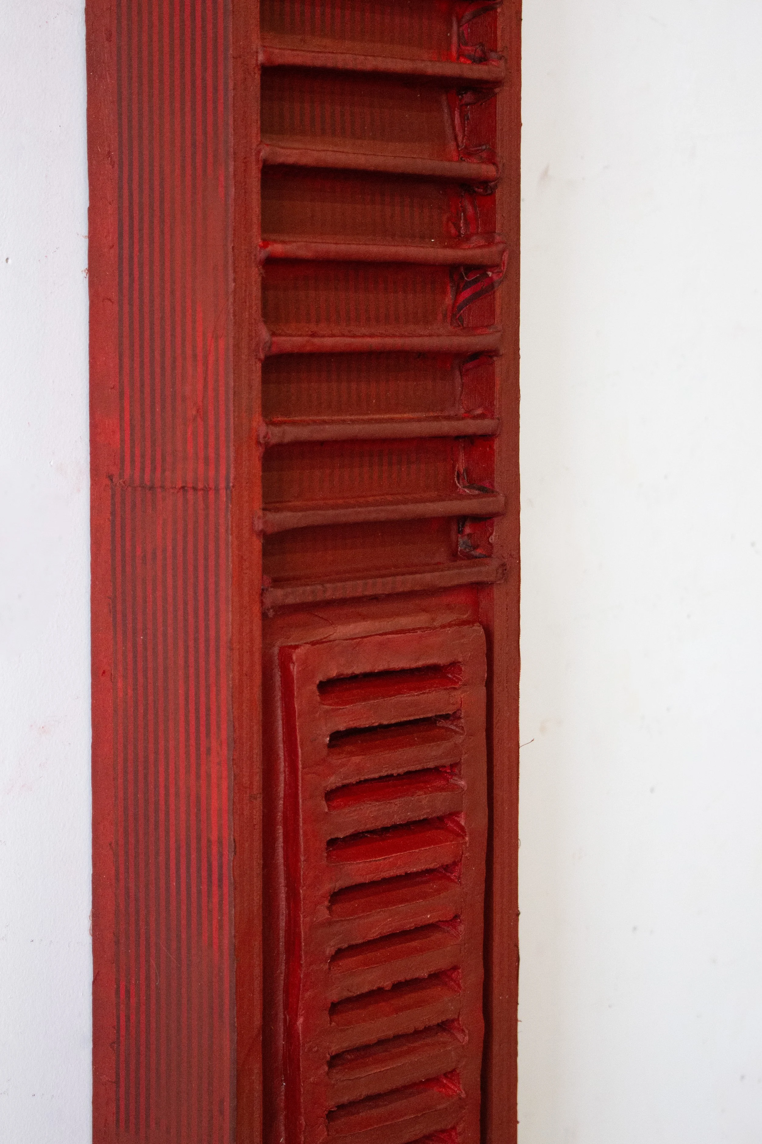 Detail of "Red Tower" - ceramic, wood, photography on textile, wax, ink, 2025