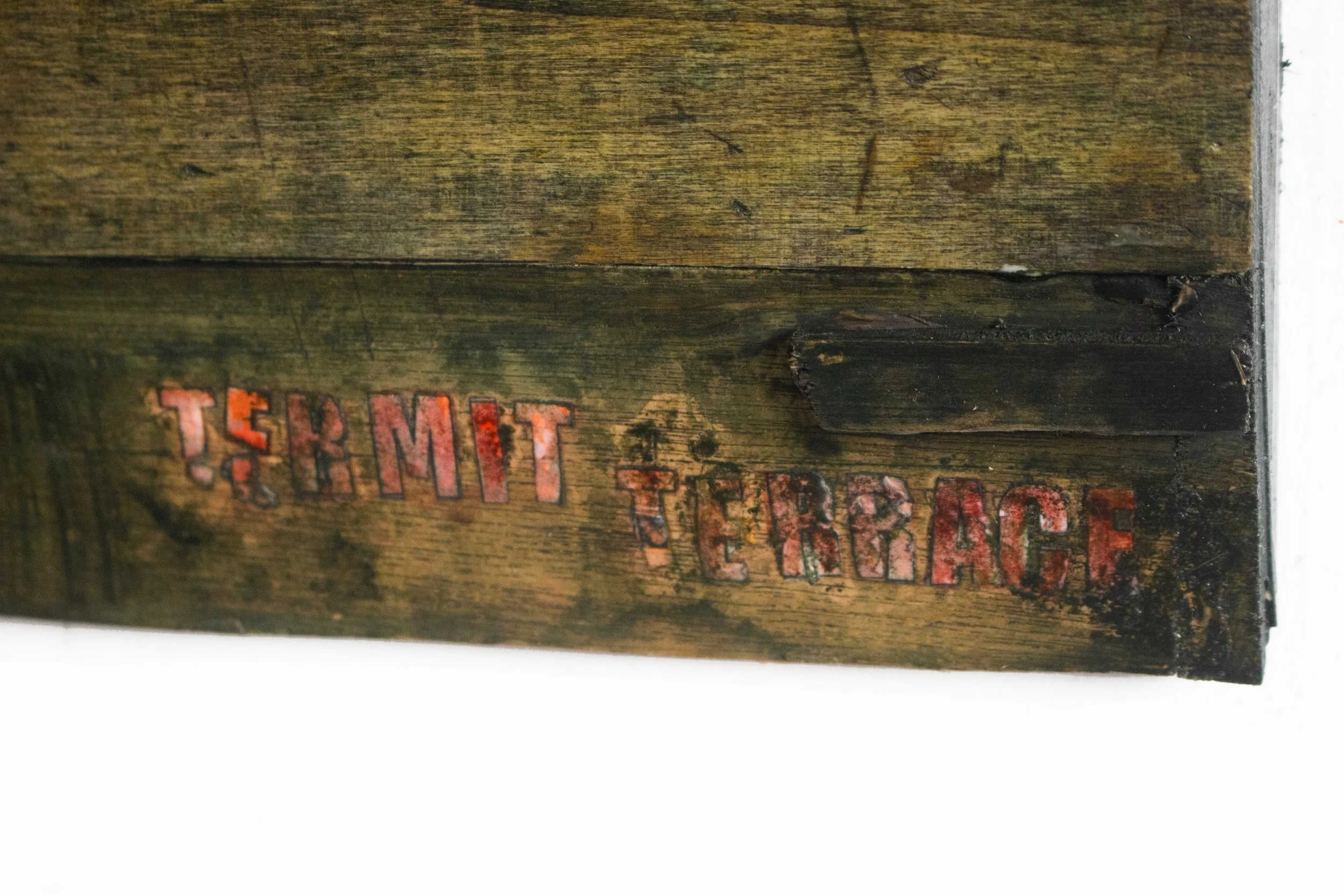 Detail of "Termit terrace" -wood, acrylic, textile, wax, 2025  