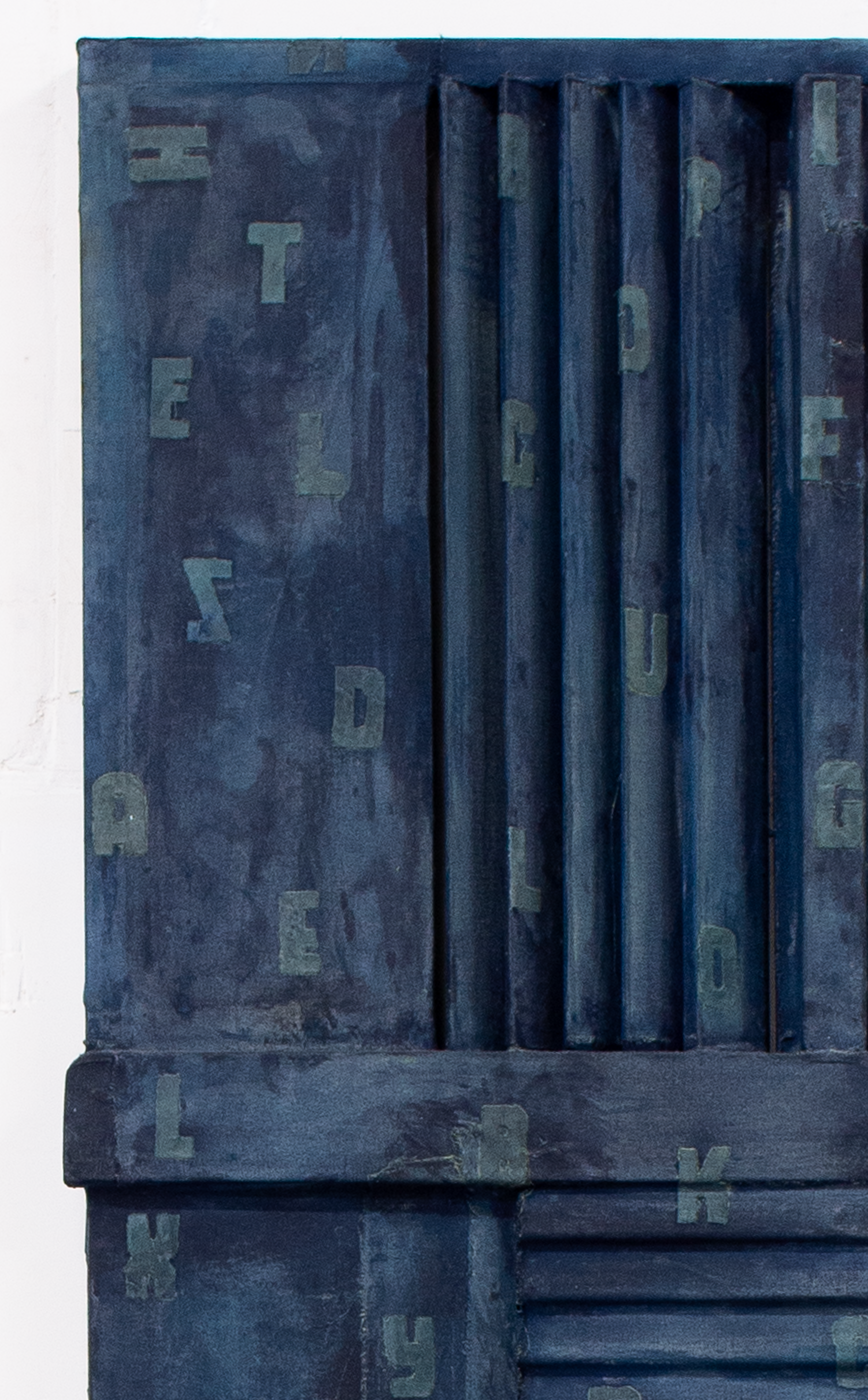 Detail of "Letter door" - wood, textile, acrylic, 2025