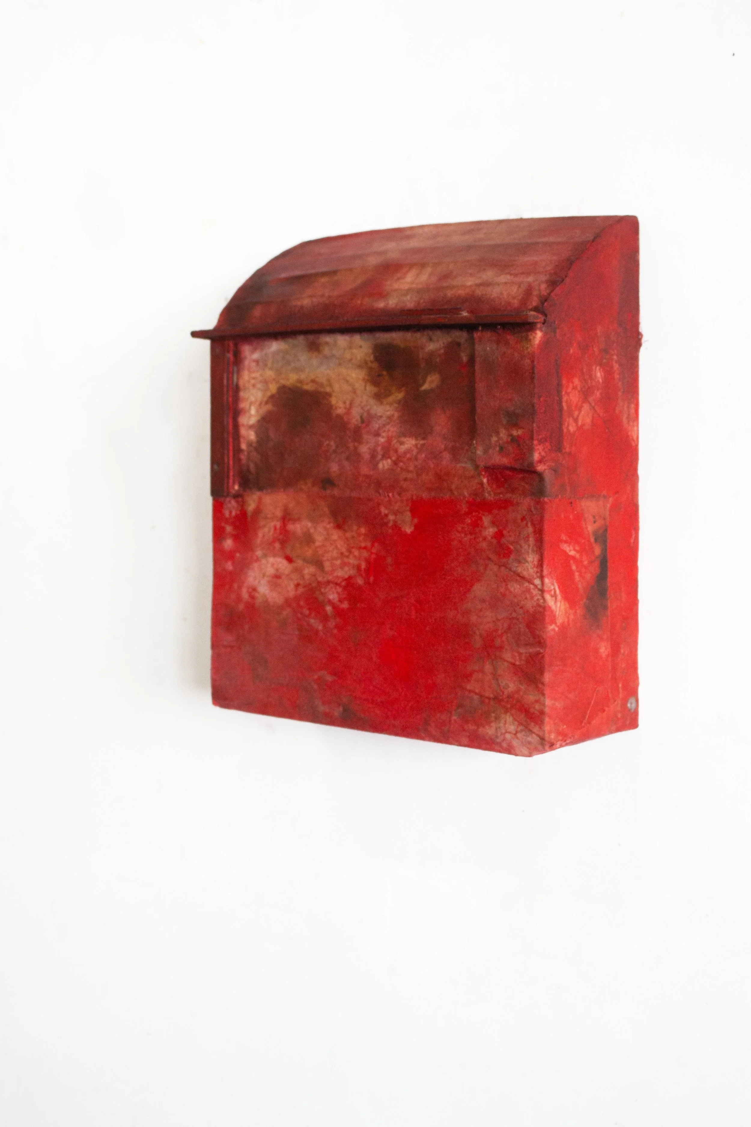 Detail of "Boite aux lettre (rouge)" -wood, acrylic, textile, wax, 2025    