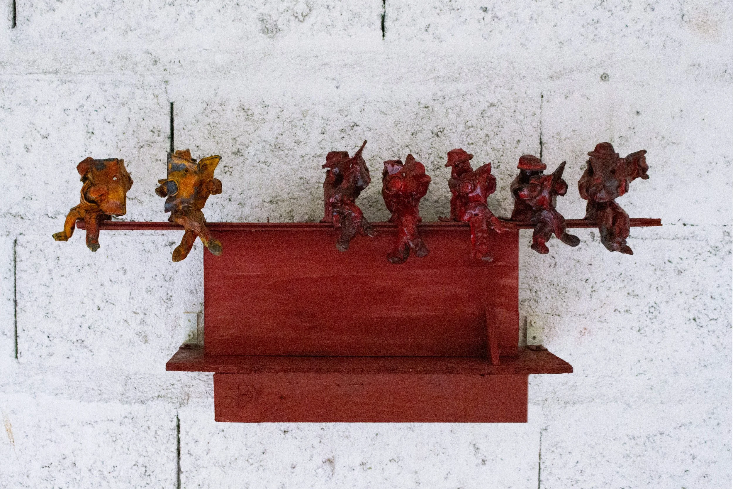 Voyeurs - glazed ceramic, wood, acrylic, wax, 2025                                              