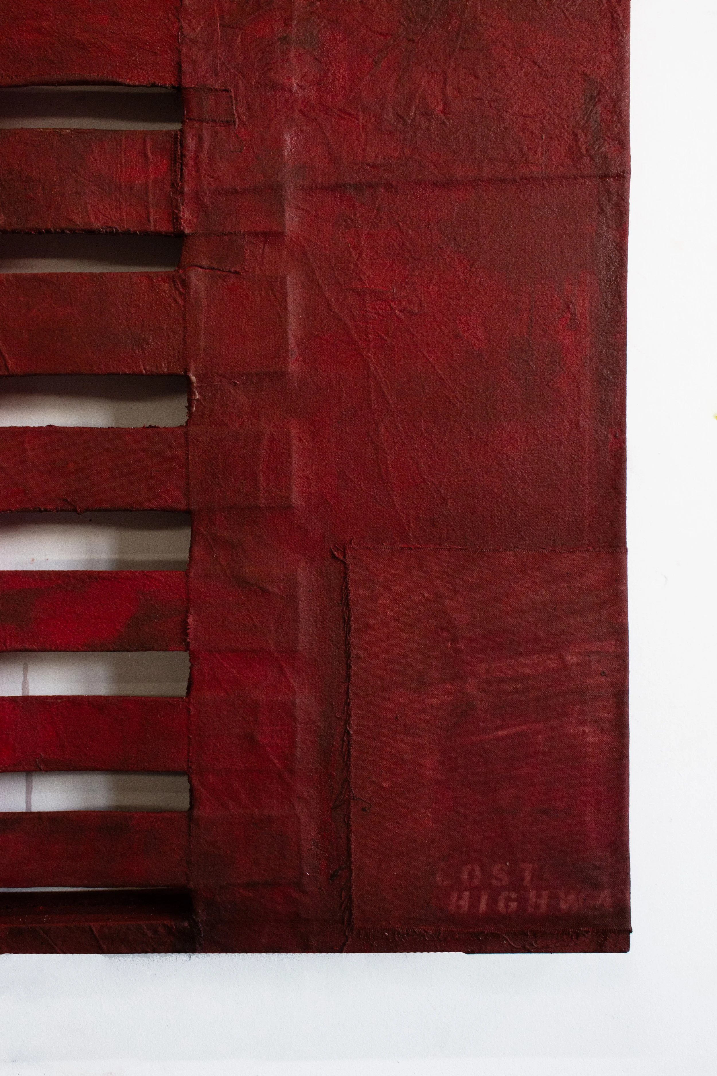 Detail of "Lost highway" - wood, photography on textile, wax, ink, 2025