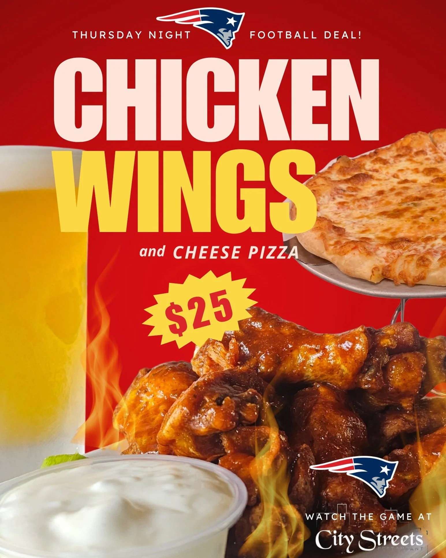 Thursday Night Football Deal! 🏈 The Patriots take on the Jets tonight, 11/13, so grab your crew and head to @citystreetsrest for their $25 game-day combo: one cheese pizza plus bone-in wings. 🍕🔥🍻

Available in-house only from 8PM to 11PM.