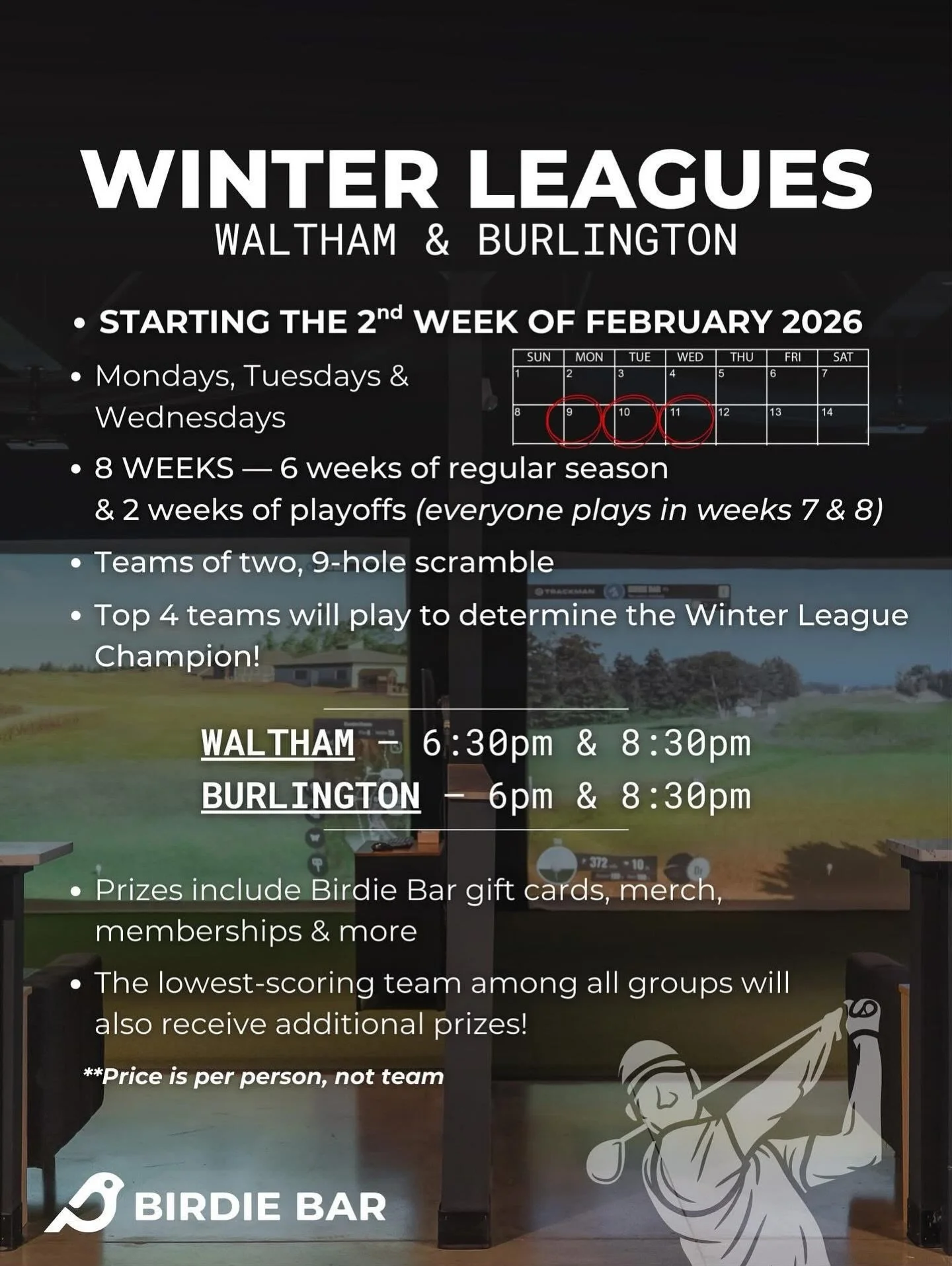 Grab your crew &amp; lock in your spot! ⛳️ Winter League Registration is now open @birdiebar_ Burlington &amp; Waltham! Perfect for staying competitive (and social) all winter long. 🏌️&zwj;♂️🍻

Sign up by Jan 4th &amp; get $40 off. For full details