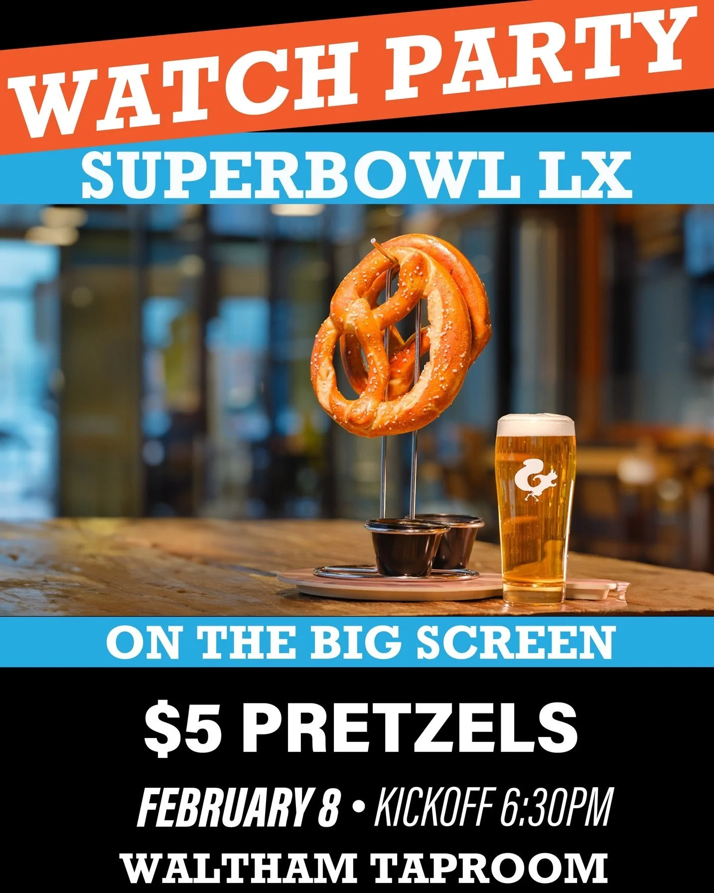 Super Bowl plans? Handled. @mightysqrl is hosting watch parties at their Waltham, Fenway &amp; Arsenal taprooms as the Patriots take on the Seahawks this Sunday (2/8). 🍻🏈

Catch the game with the sound on, cold beer flowing, and game-day food speci