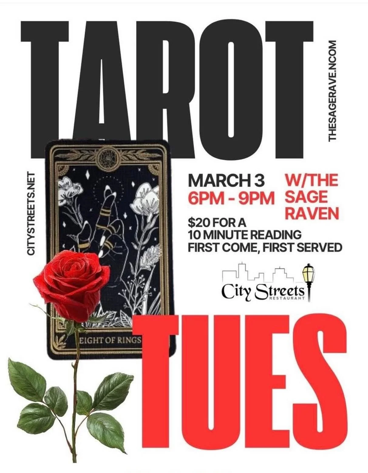 Tarot Tuesday with @thesageraven @citystreetsrest is more than a night out - it&rsquo;s a chance to shift your perspective. ✨

True transformation begins with awareness and open conversation, and this is where that journey unfolds.

Grab a bite, pull