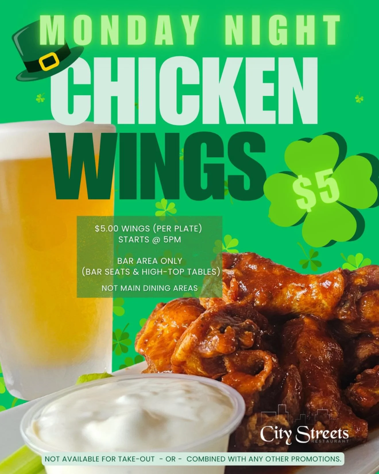 Bring your appetite &amp; your wing crew - it&rsquo;s Wing Night @citystreetsrest! 🍗

$5 wing plates starting at 5 PM. Come hungry. Leave happy. 🤤🤗

Available in the bar &amp; high-top seating only.