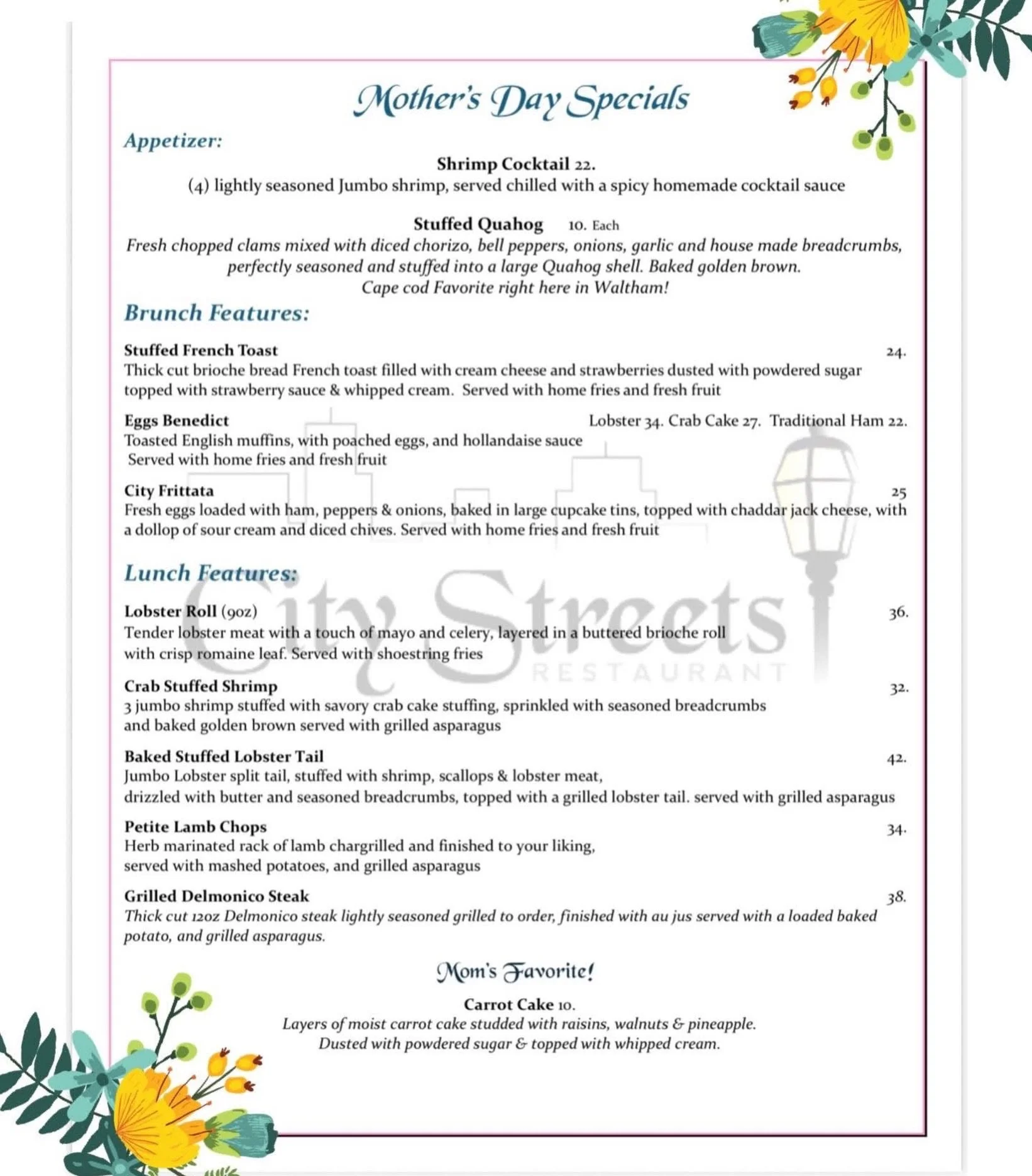 From lobster rolls &amp; stuffed French toast to steak, seafood, and sweet carrot cake - @citystreetsrest has got something every mom will love. 🦞🍳🥩

Don&rsquo;t forget Mother&rsquo;s Day is this Sunday. Reserve your table now &amp; make it a cele