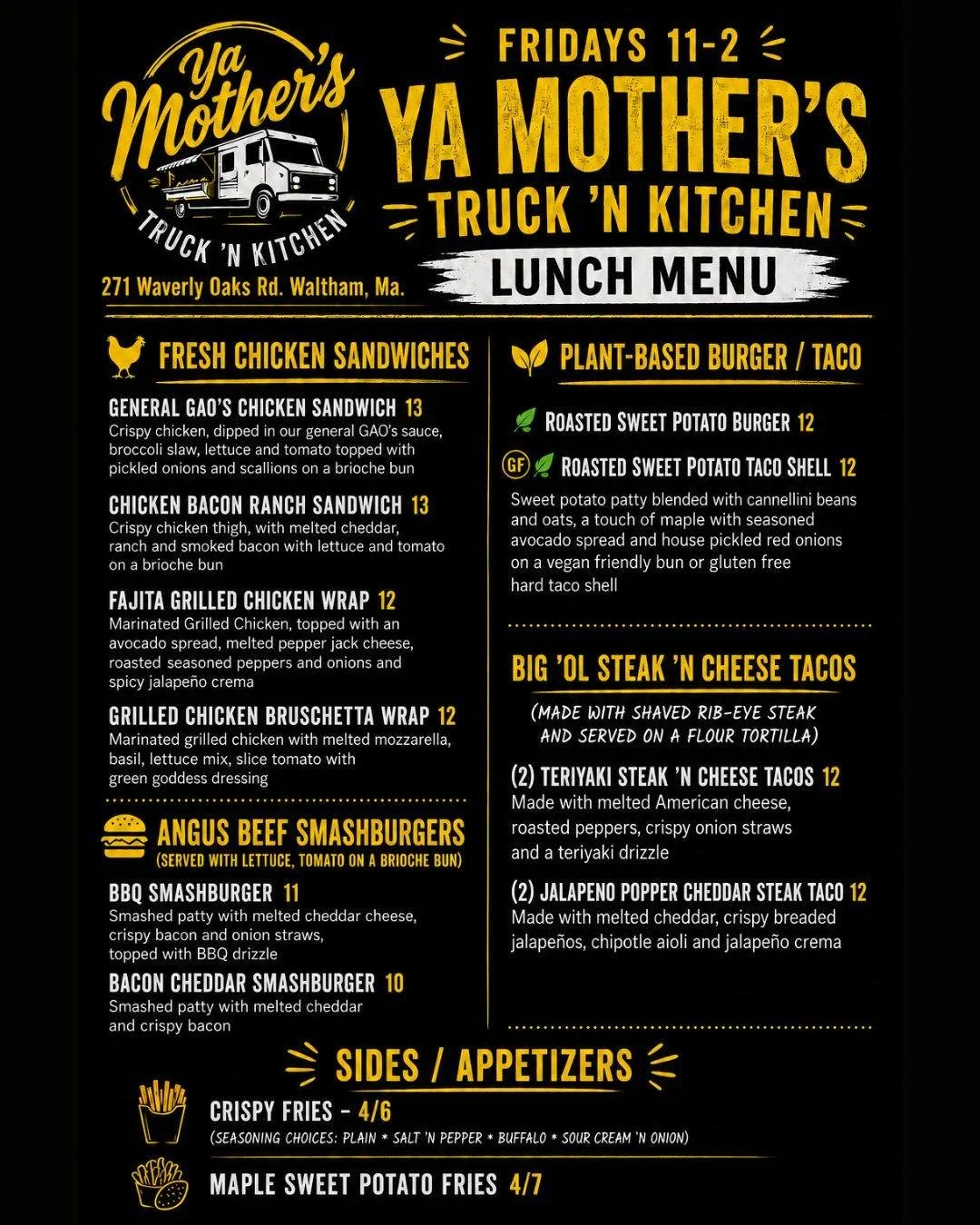 We&rsquo;re excited to welcome @yamotherstrucknkitchen back to Waverley Oaks Park, serving up fresh, hot, flavor-packed favorites every Friday - from smashburgers and chicken sandwiches to tacos, fries &amp; more. 🍔🌮🍟

Stop by, treat yourself &amp