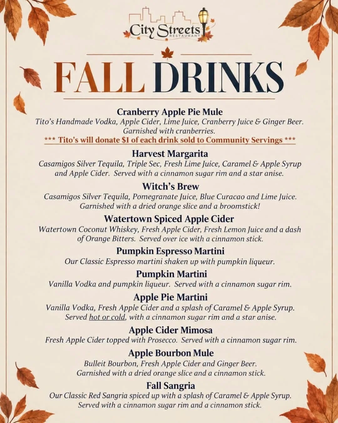 Sipping into the season @citystreetsrest 🍂🥂 

From the Cranberry Apple Pie Mule to the Pumpkin Martini, their fall cocktail lineup is full of cozy seasonal flavors. 🍎🤤✨

#Waltham #WaverleyOaks #DuffyProperties #CityStreetsRestaurant